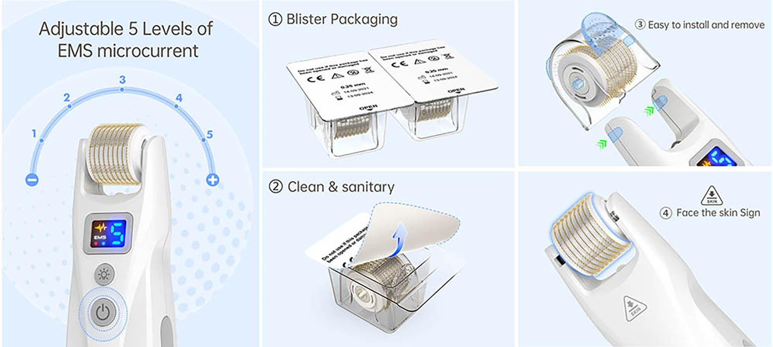 Bio G5 Mikronadel-Roller EMS Titan-Derma-Roller G5 Mikronadelung Mikrostrom-Vibrations-LED mit 2 Stück Rollenkopf-Lift, strafft die Haut, Anti-Akne-Narben