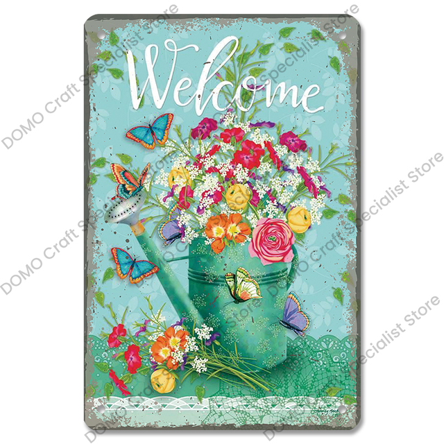 Vintage Welcome Poster Metal Tin Signs Flowers Birds Car Metal Plaque Wall Decor for Cafe Home Garden Farm Beach Hut 30X20cm W03