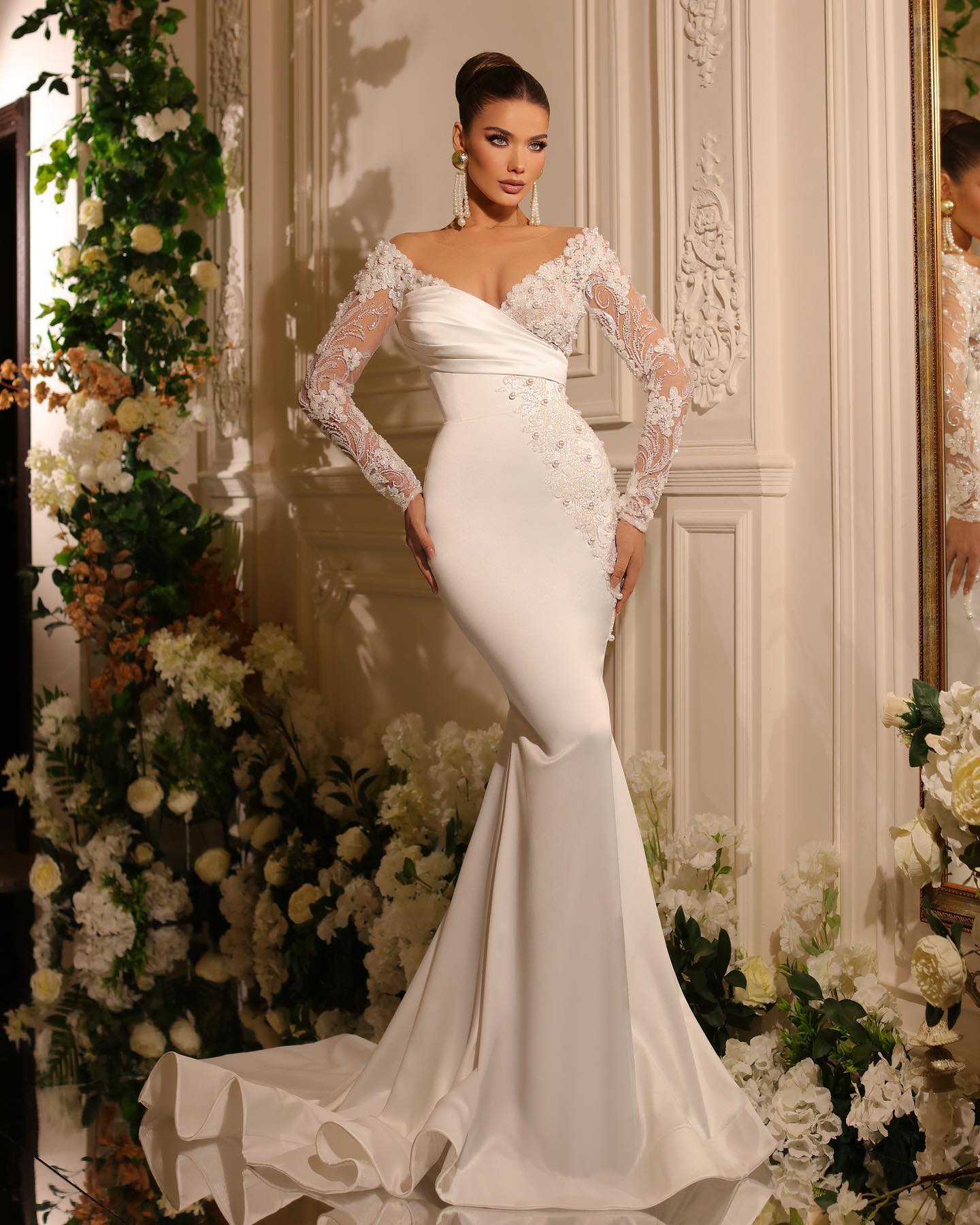 Свадебные платья королевской русалки v шея с длинными рукавами 3D цветы кружев