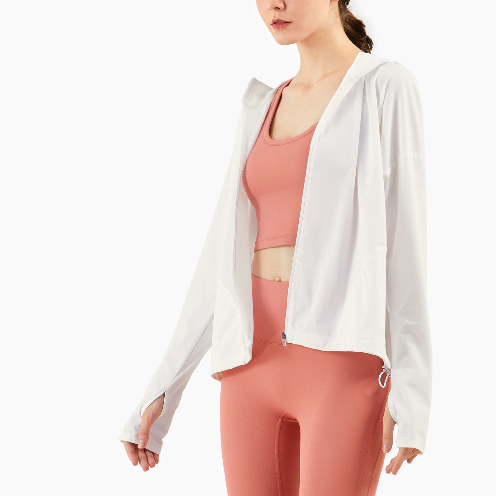 Lu Veste décontractée à capuche avec fermeture éclair pour femme - Protection solaire - Mince - Haut de course - Veste de sport avec trou pour les doigts - Veste de yoga à manches longues