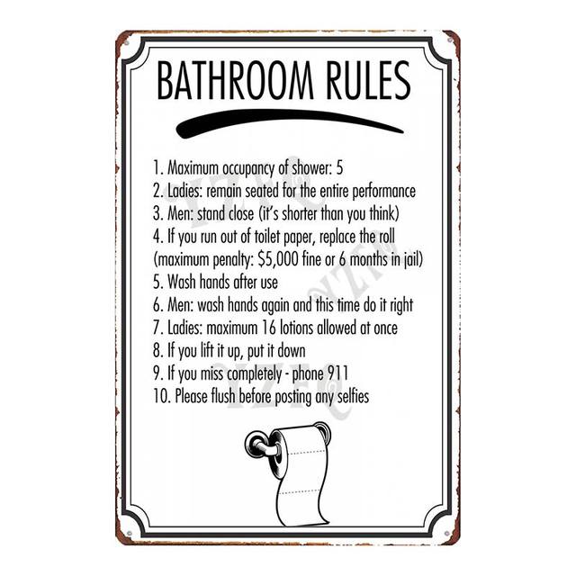 Bathroom Rules Plaque Metal Vintage Funny Toilets Tin Signs Wall Bar Restaurant Home Art Decor Vintage Poste 30X20cm W03