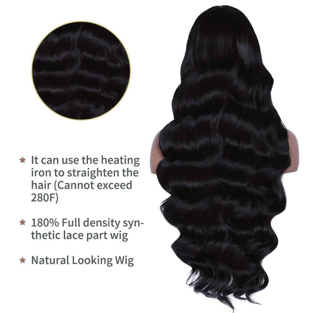 Perruques synthétiques Body Wave 13x4 Lace Front Pernues Synthétique Long T Partie Nature Noir pour les femmes Sans glu sans gluée 180% Hair 230227