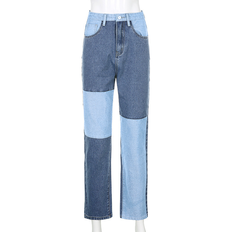 Jeans dritti patchwork a vita alta donna 2023 Sping Pantaloni casual larghi in denim Pantaloni da donna vintage boyfriend mom jeans