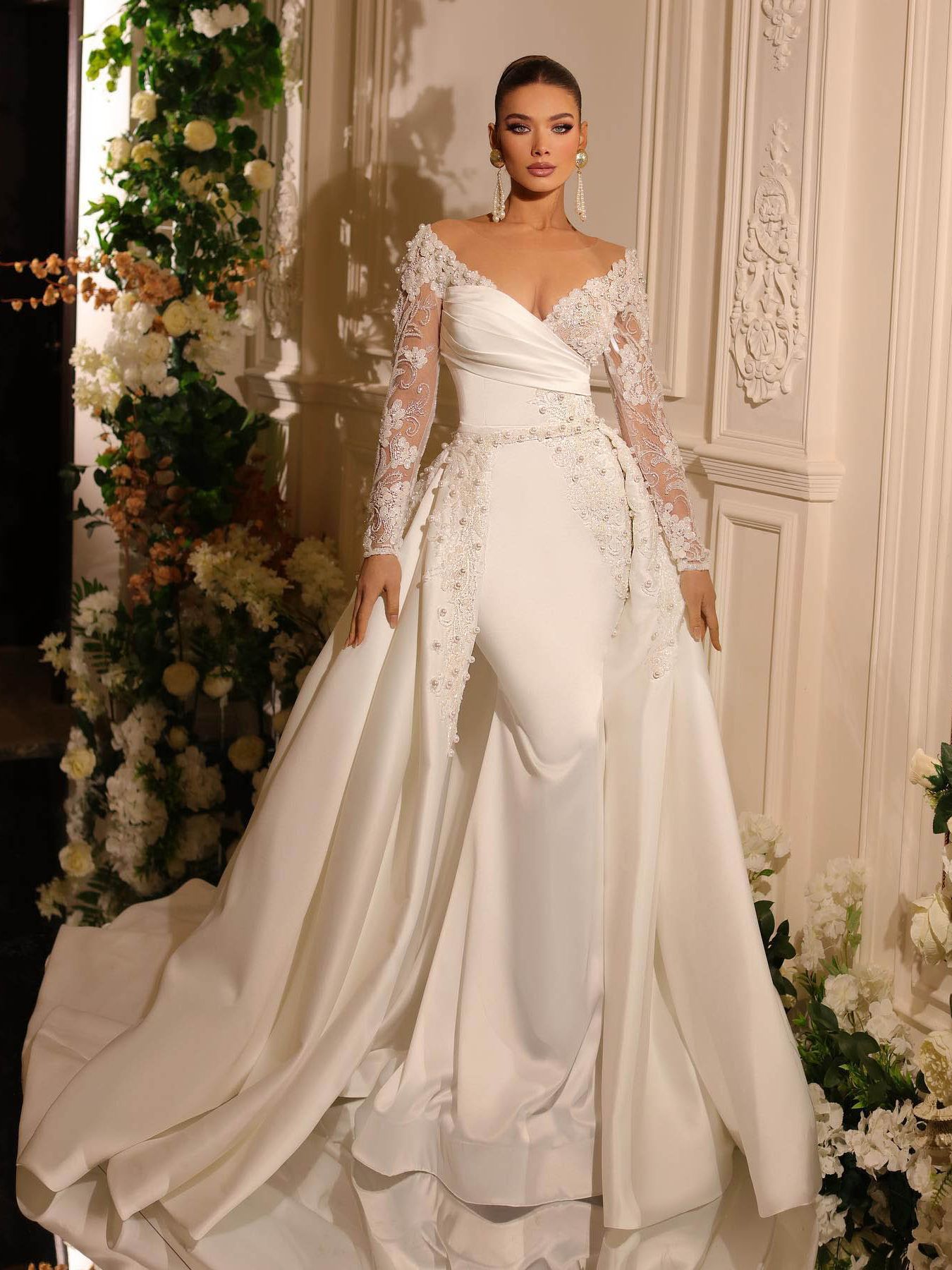 Robes de mariée sirène royale col en V à manches longues 3D fleurs dentelle princesse paillettes robe De Novia