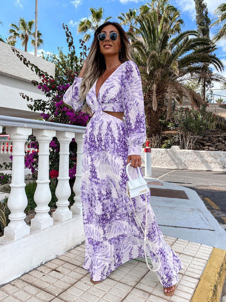 Vrouwen Tunic Beach Cover Up Dress 2023 Zomer V-Neck Backless Hollow Out Lantern Sleeve Lange Jurken Female Club Party Maxi Dress