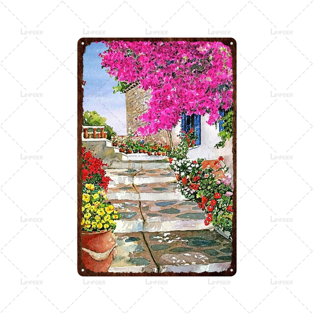 Vintage Flowers Metal Painting Sign Landscape Flowers Shabby Retro Style Metal Poster Tin Plaque for Club Man Cave Bar Decoration 30X20cm W03