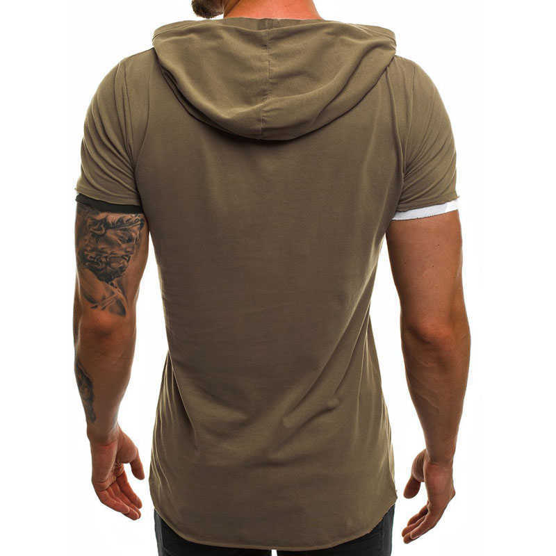 Herr t-shirts sommaren mäns huva t-shirt ny casual smal kort ärm t-skjorta män plus storlek 3xl fasta män kläder streetwear tee shirt homme w0322