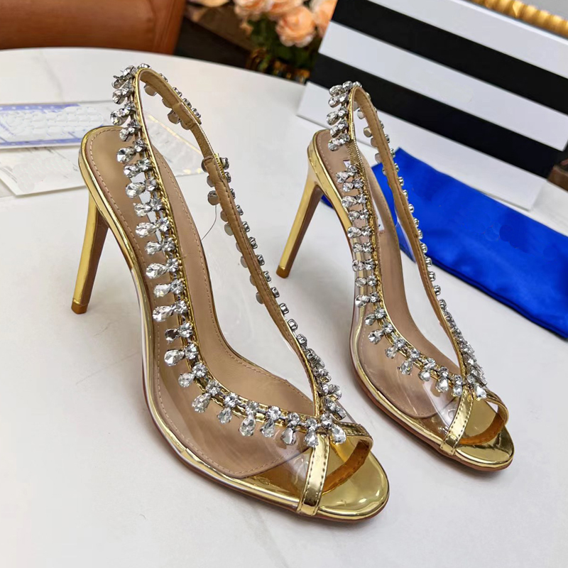 designer luxury fish mouth rhinestone high heel sandals womens Sexy genuine leather Pendant Party transparent sandal ladys fashion Strappy stiletto heels shoes