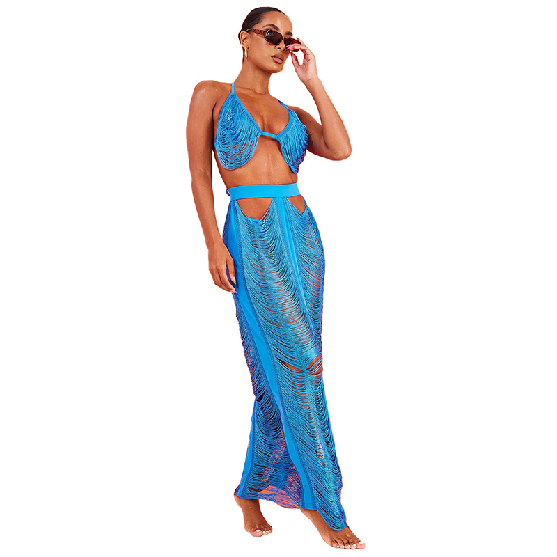 Vestido de dos piezas Crochet Beach Cover Up Trajes para mujeres Tallas grandes Ropa de playa Borlas Bikini Traje de baño