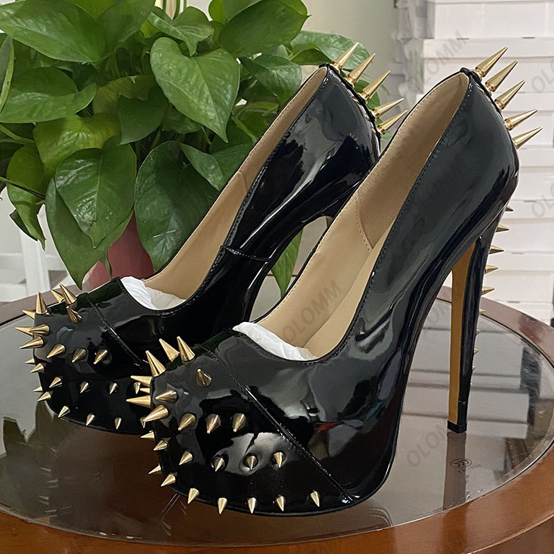 Olomm Handmade Women Pumps Sexy Rivets Stiletto Heel Pumps Round Toe Toe Black Pink Fuchsia Night Club Shoes Women US 5-14