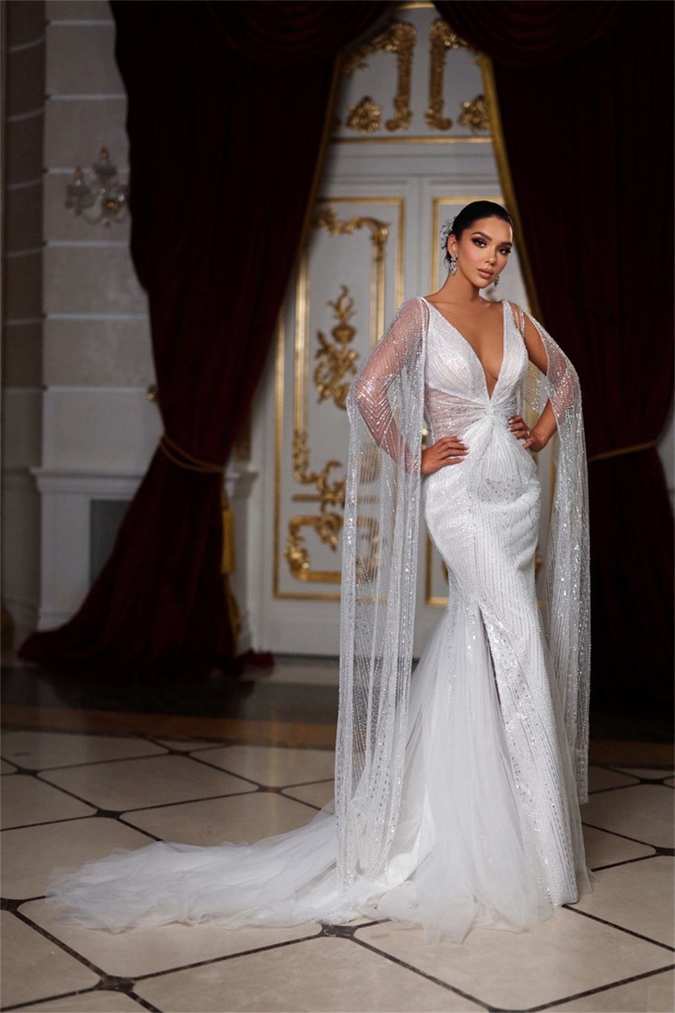 Luxury Mermaid Wedding Dresses Deep V-neck Shining Sequined Special Design Backless Pleats Zipper Chapel Gown Custom Made Plus Size Bridal Gown Vestidos De Novia