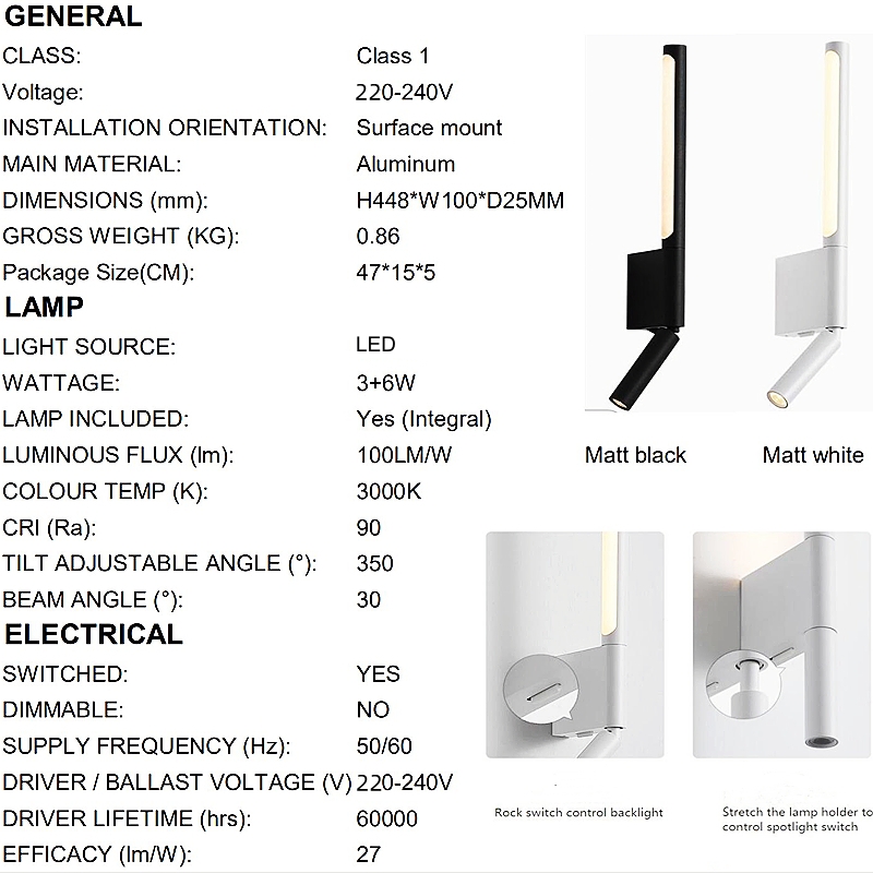 Lâmpada de lâmpada com fio tokili decoração de quarto nórdico linear a cabeceira da cabeceira da parede da parede para a sala de estar montada na superfície Sofá fundo luminária AC220-240V