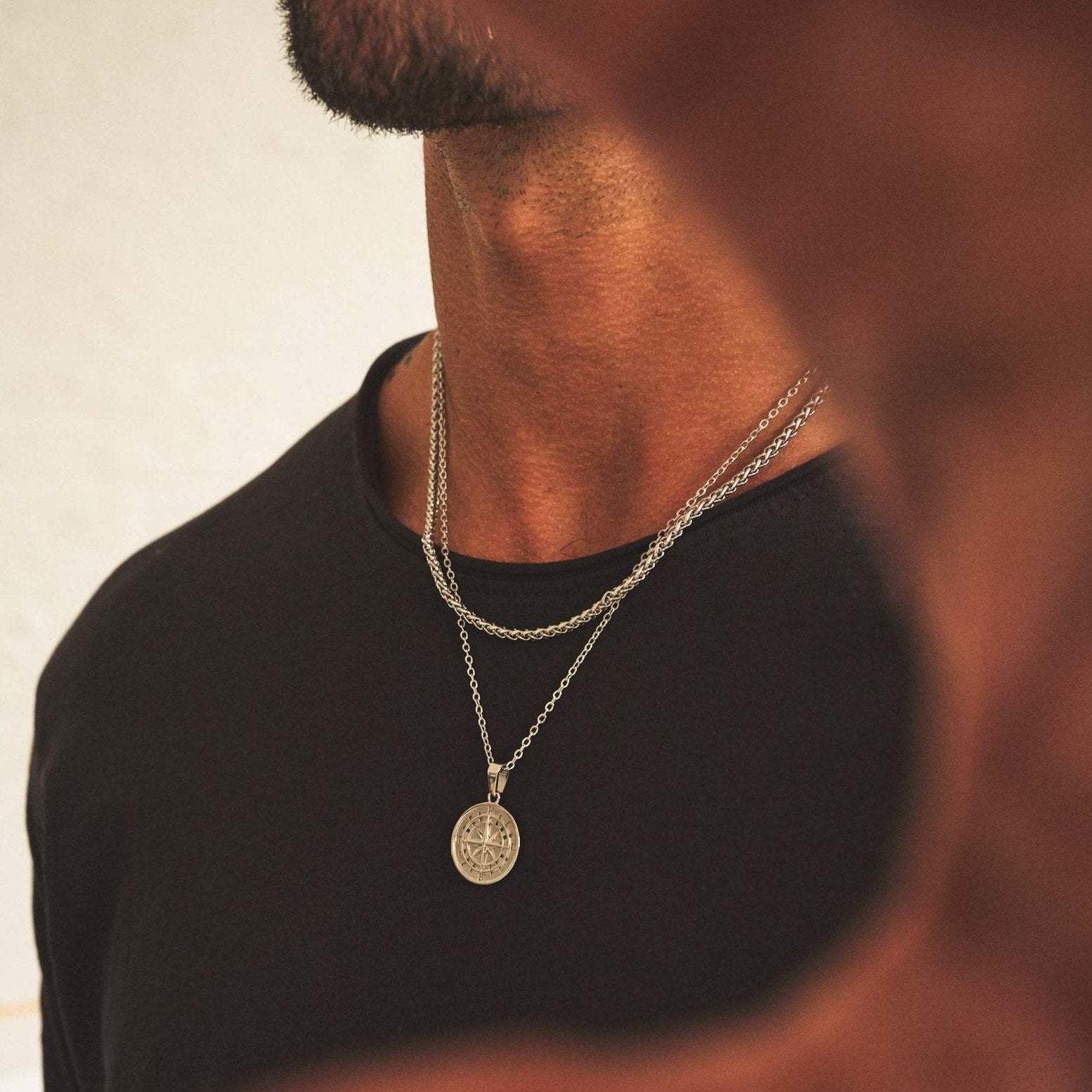 Layered Necklaces for Men Sailing Travel Compass Pendant Stainless Steel Cuban Figaro Wheat Chain Casual Retro Collar