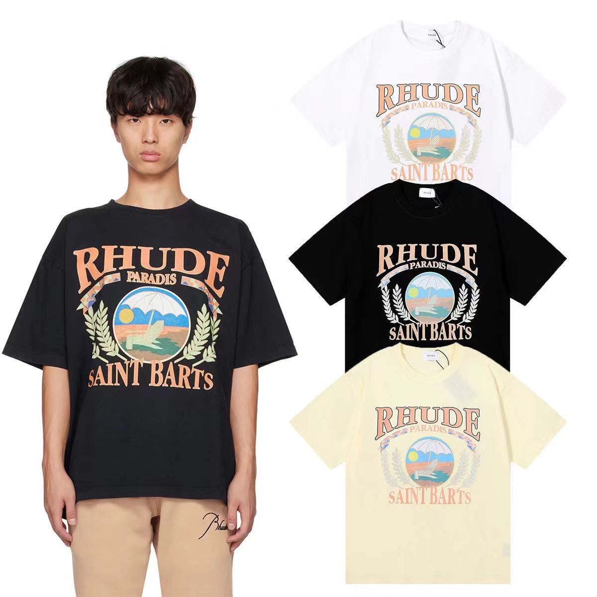 メンズプラス Tシャツ rhude サンシャイン雪山柄メンズシャツ夏のファッションストリートカジュアル半袖ビーチスタイル綿女性の Tシャツ