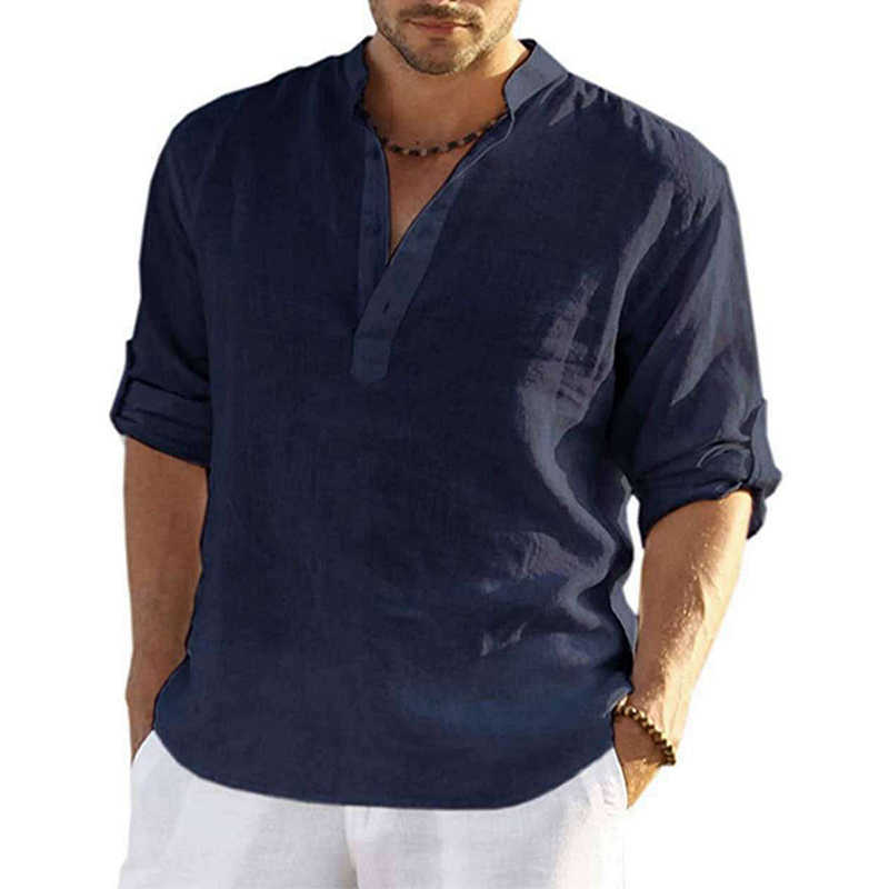 Мужские футболки 2023 Новая хлопчатобумажная льняная блузка мужчины повседневная стойка воротник с длинным рукавом.