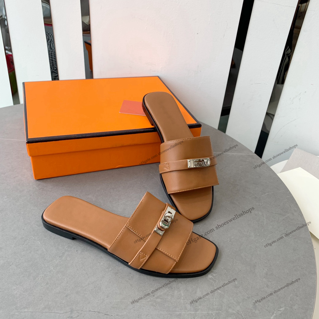 Sandaldesigner tofflor strand klassiska platt sandaler lyx sommar dam läder flip flops toppkvalitet män kvinnor glider glid