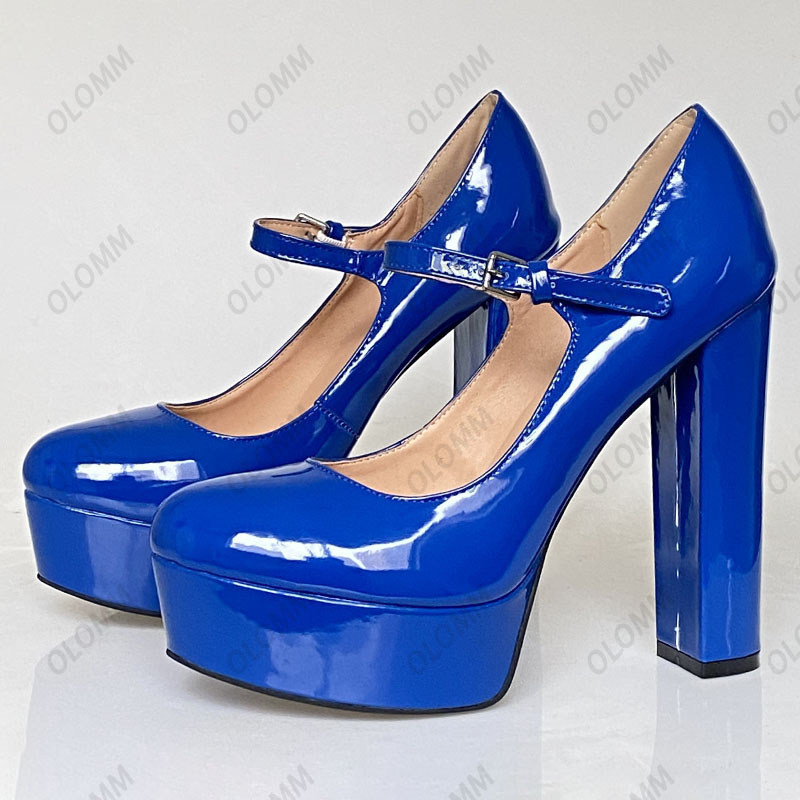 Olomm Handmade Women Shiny Pumps Patent Chunky High Heels Round Toe Elegant Black Party Shoes Women Plus US Size 5-20