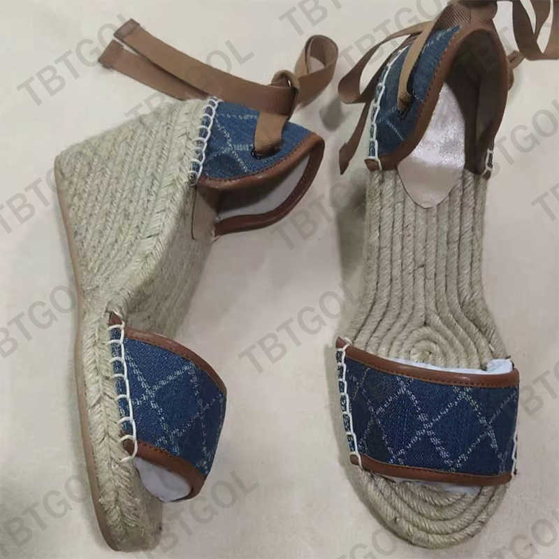 A114 Sandalet Sicim Örgülü Tasarımcı Kadınlar Espadrille Strap Yuvarlak Kama Topuk Topuklar Moda Orijinal Deri Balıkçı Gelinlik Parti Ayakkabıları S