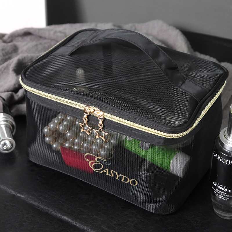 Moda Siyah Şeffaf Kafes Seyahat Seyahat Çantası Kare Şekli Katlanabilir Portable Fermuar Ünlü Güzellik Kozmetik Kılıf 19.5x5x15.5cm Küçük Makyaj Organizatörü