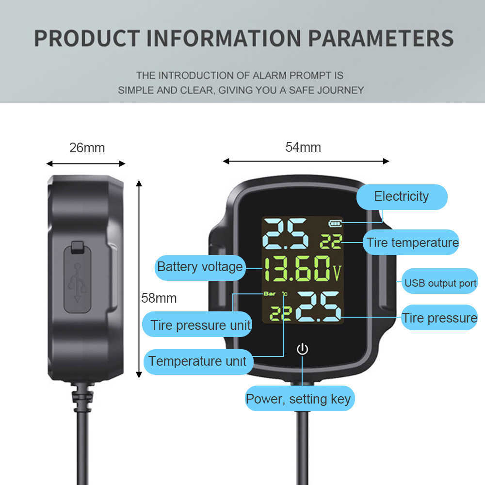 New Motorcycle Tire Pressure Monitoring System Tyre Temperature Alarm System Motorbike TPMS with QC 3.0 USB Charger for Phone Tablet