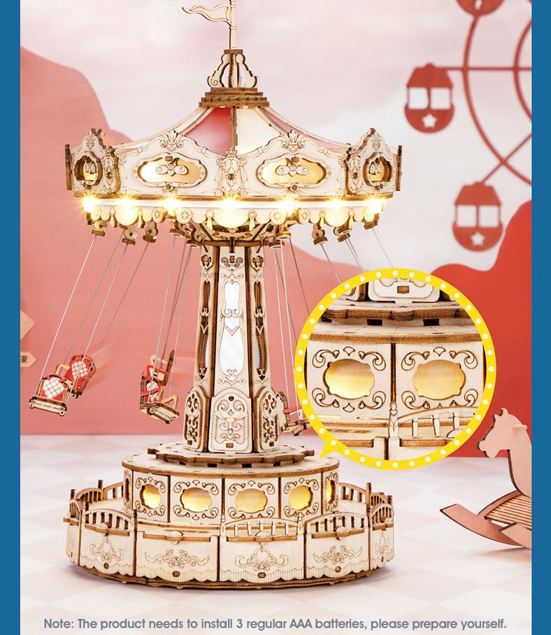 Christmas Decorations DIY Music Box Kids Adults Gift Easy Assembly Ruoka Dreamland Flying Chair Amusement Park Carousel with Music and Light 3D Wood Diy Puzzle