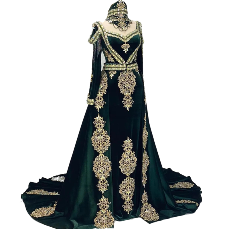 Lyx marockansk kaftan gröna aftonklänningar långa ärmar kristaller pärlstav guld spet