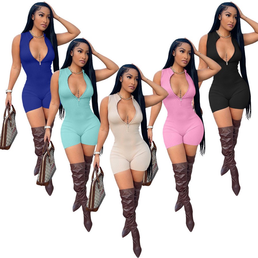 Wholesale Boutique Women One Piece Outfits Rompers Solid Ribbed Zip Deep V Playsuits summer Sleeveless Short Jumpsuits designer 9578