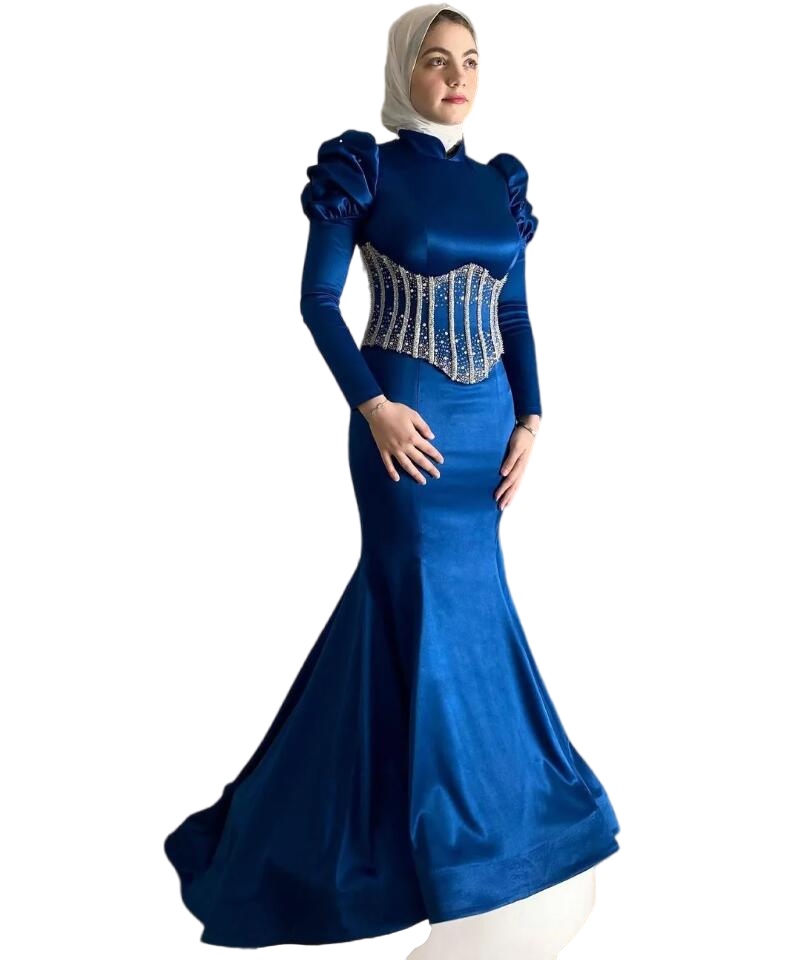 Aso ebi muslim sjöjungfru aftonklänningar 2023 Royal Blue pärlor kristaller puffy långärmad hijab ramadan prom tillfälle klänning