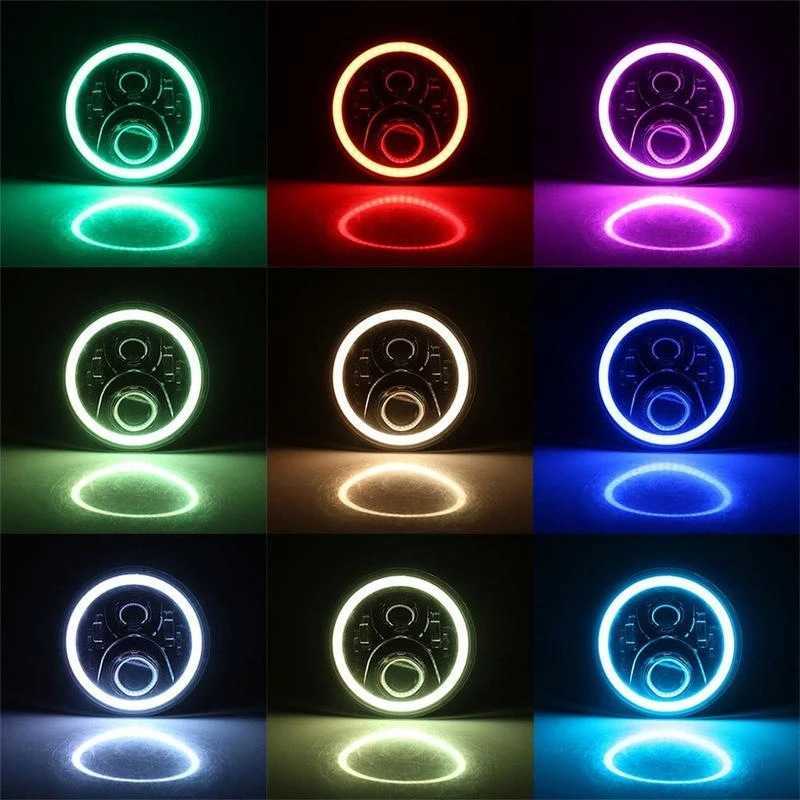 Faros LED pulidos de 7 pulgadas para faros Wrangler, redondos RGB, Ojo de Ángel, aplicación Bluetooth, luces todoterreno, faros Led modificados para coche