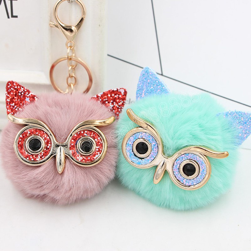 Cute Cartoon Sequin Owl Keychain Soft Faux Fur Keyring Pompom Ball Keychain Bags Car Keys Accessories Fashion Party Gifts