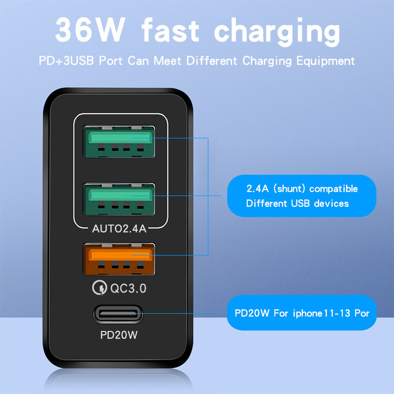 36W 4 Port Type C Quick Charge 3.0 EU UK USB USB C Зарядное устройство быстро зарядка PD Зарядное устройство для iPhone Samsung Xiaomi AC Power Adapter Supply с коробкой