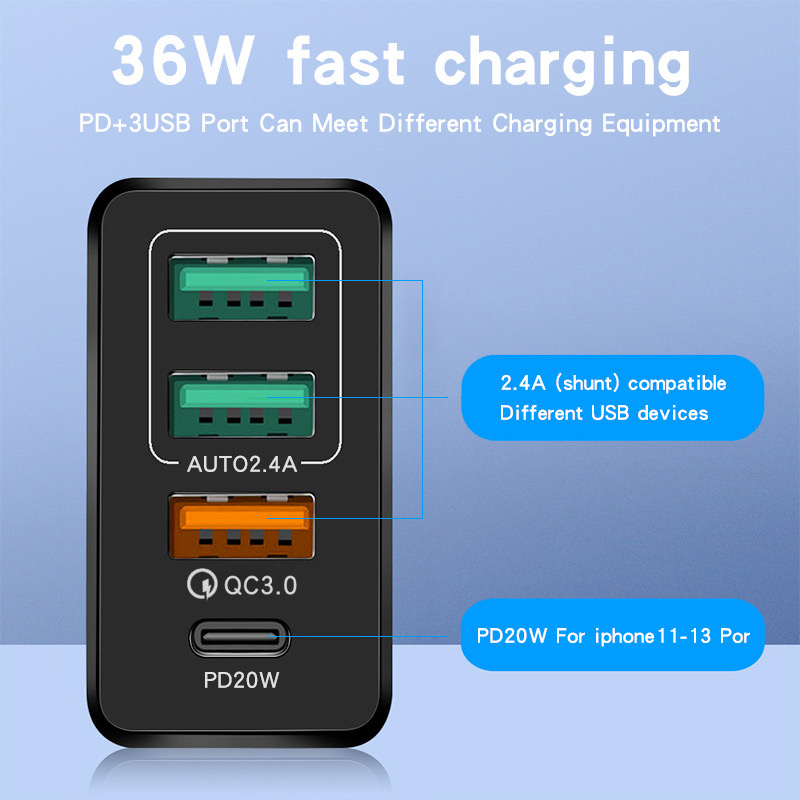 36W 4 porte tipo C Quick Charge 3.0 EU UK US USB C Caricabatterie Caricabatterie telefono cellulare PD a ricarica rapida iPhone Adattatore di alimentazione CA Samsung Xiaomi con scatola