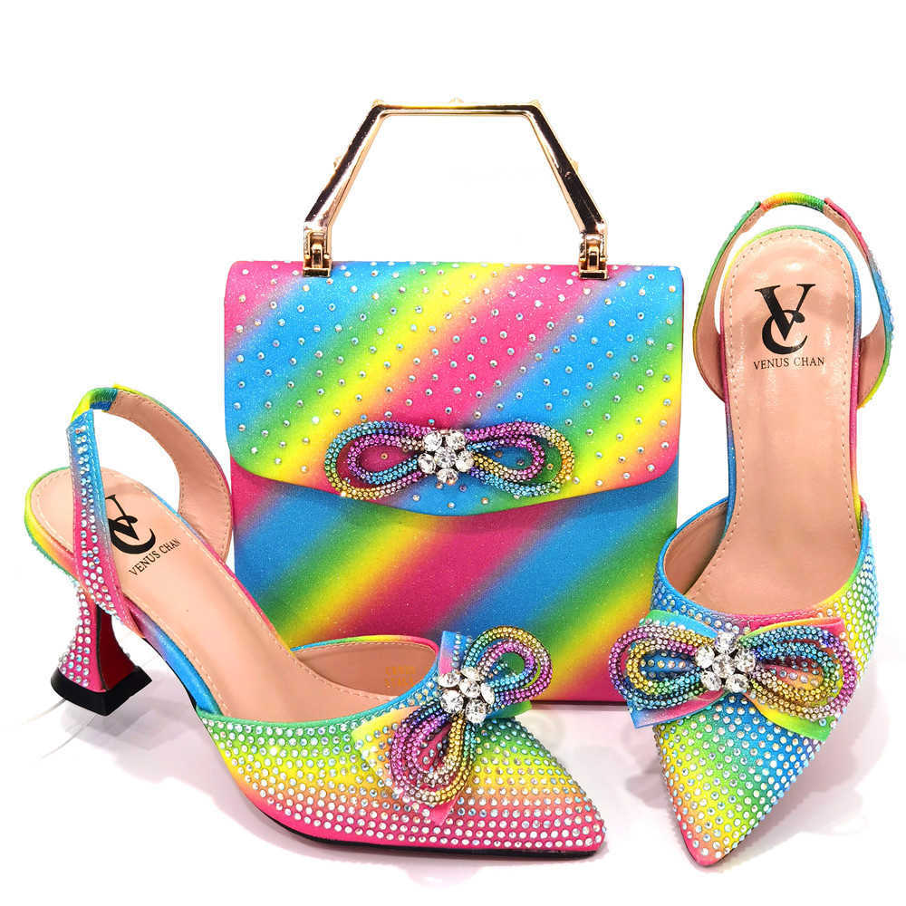 Women's Party Handbag With High Heels Set Matching Rhinestones Luxury Crystal Italian Design Style 8CM Heel