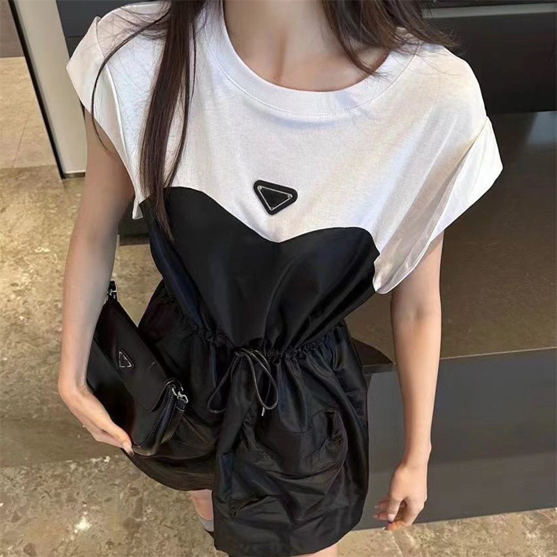 Casual Dresses Round Neck Chest Triangle Label Color Contrast Black And White Stitching Drawstring Waist Sleeveless Dress