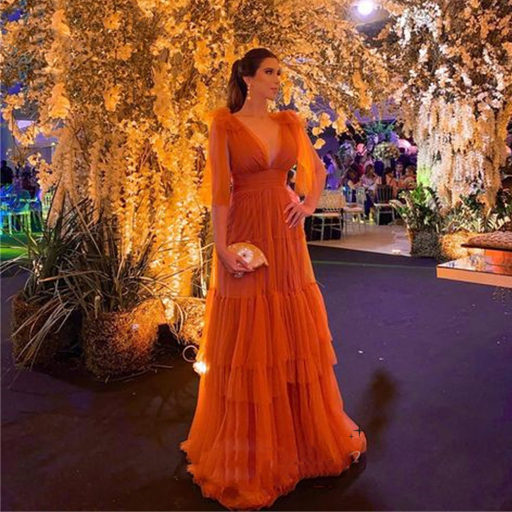 Cathy Puffy Sleeve A-Line Prom Dresses Orange Multi-Layer Evening Downs Organza V-Neck Party Dresses