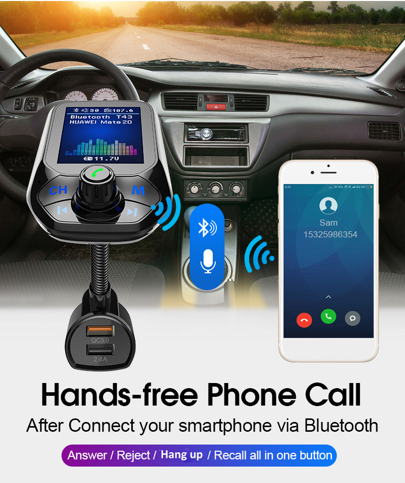 2023 Car Mp3 Music Player Bluetooth 5.0 приемник FM -передатчик Dual USB QC3.0 Зарядное устройство U Диск / TF -карта.