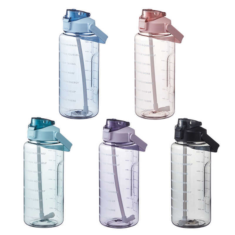 botella de agua 2000ML Botella de agua grande con pajita Deportes portátiles Fitness Cup con escala de tiempo Ecológico Vaso de plástico con mango P230324