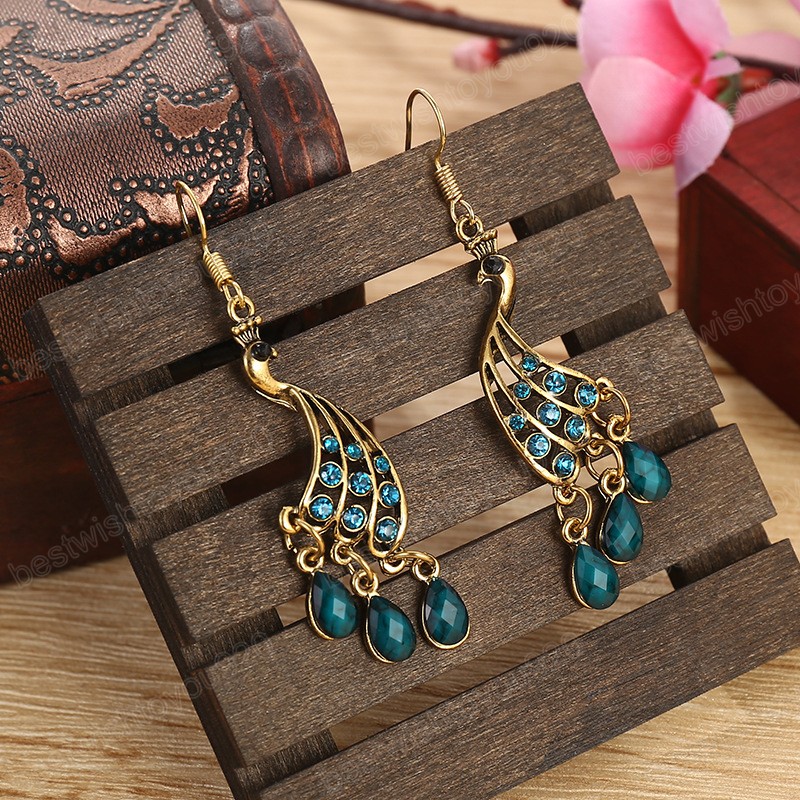 Boucles d'oreilles en forme de paon pour femmes, style bohémien, cristal bleu, goutte d'eau, bijoux Boho, glands, pendantes