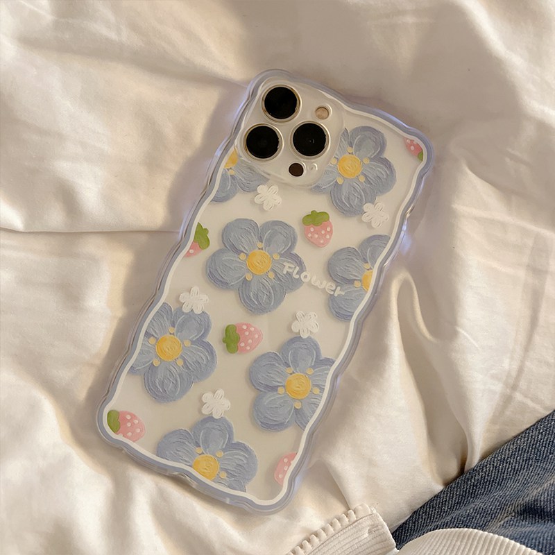 Art Wavy Blue Flower Case Strawberry Mitue Silicone Soft Back Case для iPhone 14 XR 7 8 плюс 13 PROMAX 11 12 MINI XSMAX PHONE CAPA CAPA