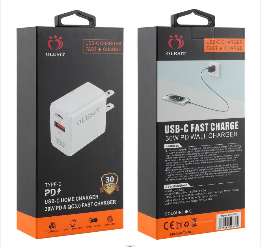 Olesit gan 30W 20W Typ C Android Charger Mini Size Dual Port PD QC USB C USB En väggadapter US -kontakt med USB C till C 60W -kablar