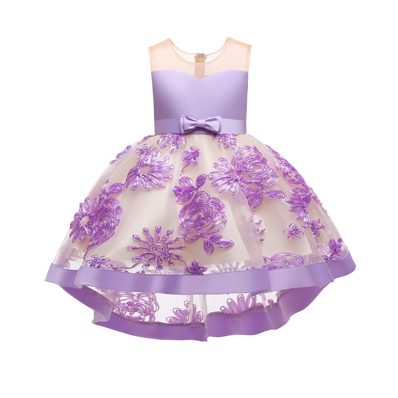 Zoete bloemenbloemmeisje jurk met hi -lo zoom, juweelhals en schattige stickeraccenten - perfect voor bruiloften, feesten en speeltijd