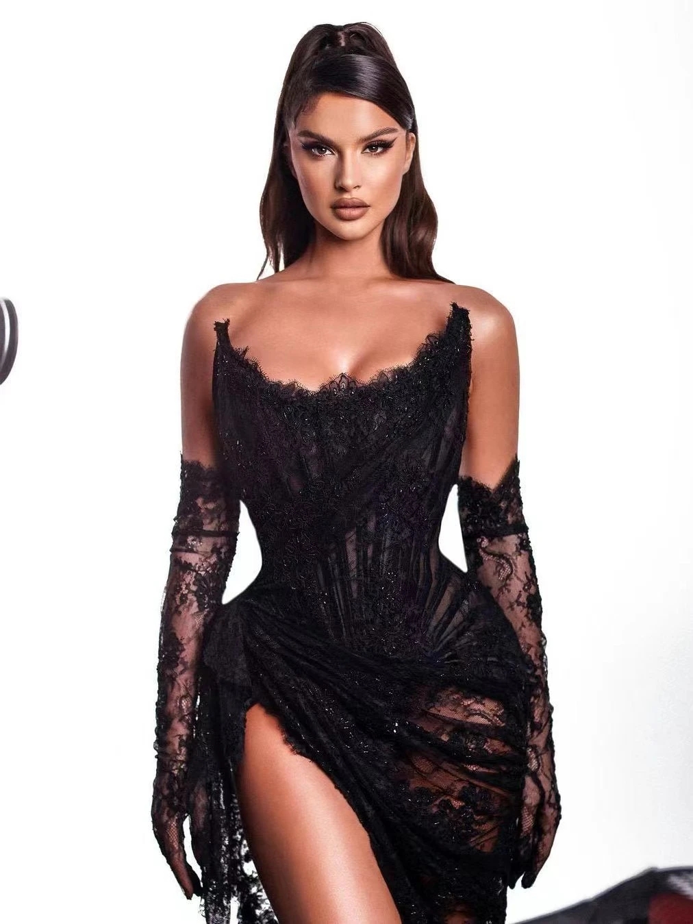 Sexy See-Thru Black Prom Dresses 2023 Two Sleeves Illusion Lace Birthday Cocktail Party Performance Gowns Robe De Bal