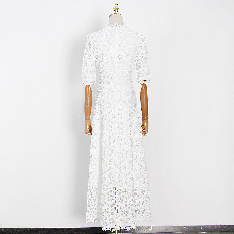 Casual klänningar Elegant vit maxi klänning för kvinnor v hals halva ärm hög midja ihålig ut smal vårstil mode