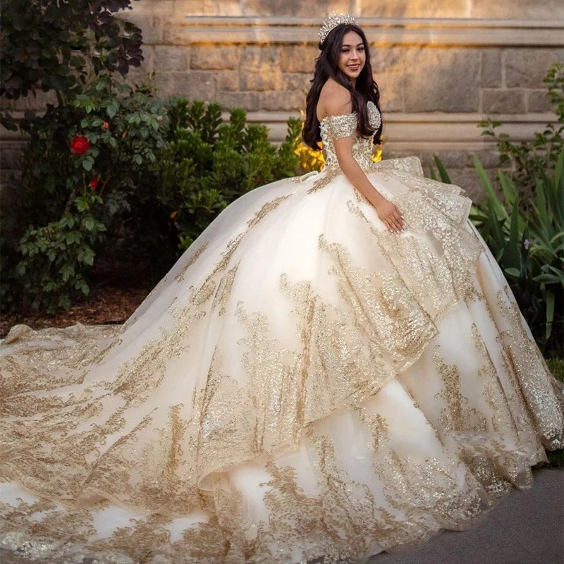 Champagne Princess Quinceanera Dresses 2023 Off Shoulder Sequin Applique Pearls Cinderella Sweet 16 Dress Vestidos De 15 Anos Lace-Up