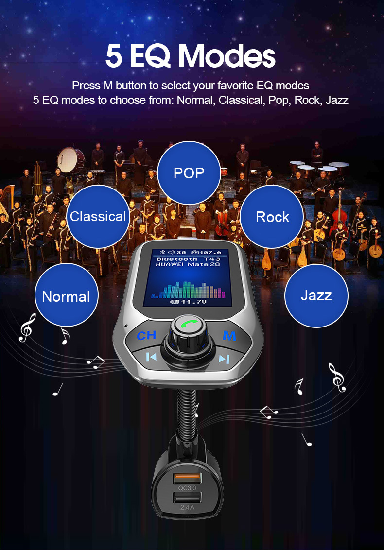 2023 Car Mp3 Music Player Bluetooth 5.0 приемник FM -передатчик Dual USB QC3.0 Зарядное устройство U Диск / TF -карта.