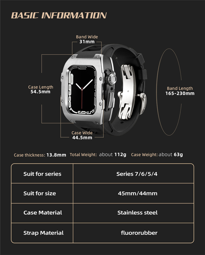 Dla Apple Watch Series 8 7 6 5 4 SE 44 mm/45 mm 316L ze stali nierdzewnej AP Mod Kit Fluororubber Ochronne okładka pasmowa