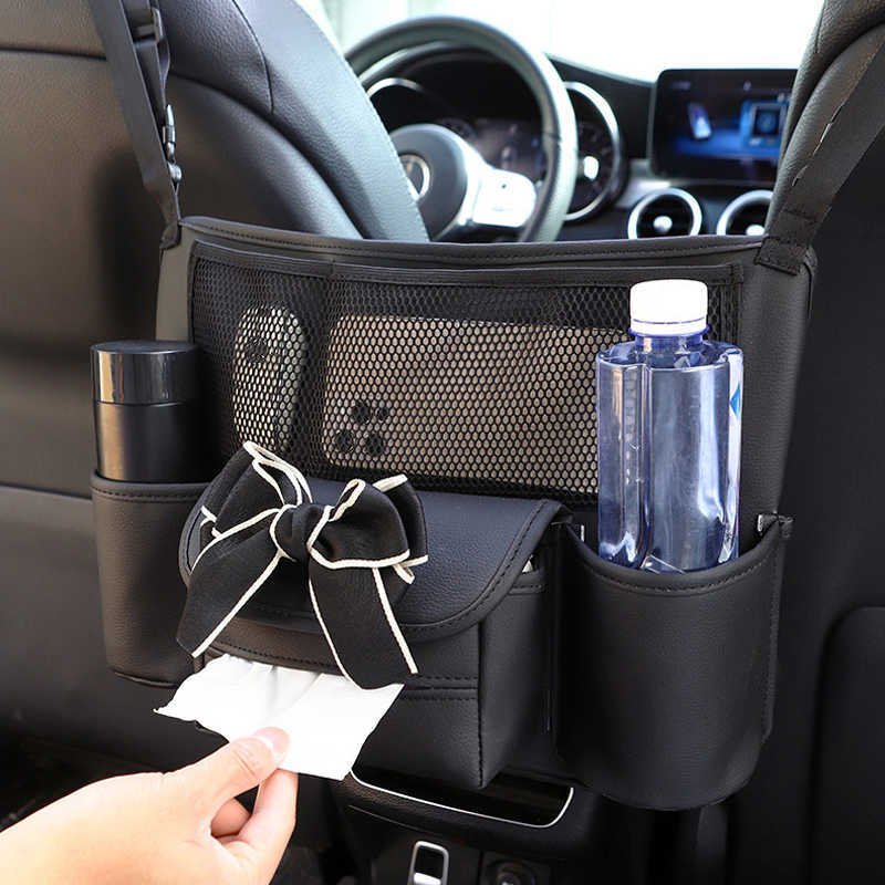 2024 Fashion Bow Car Seals Storage Bag Organizer Hållare för handväskor Tissue Drink Pu Leather Auto Seat Middle Hanging Pocket Stowing