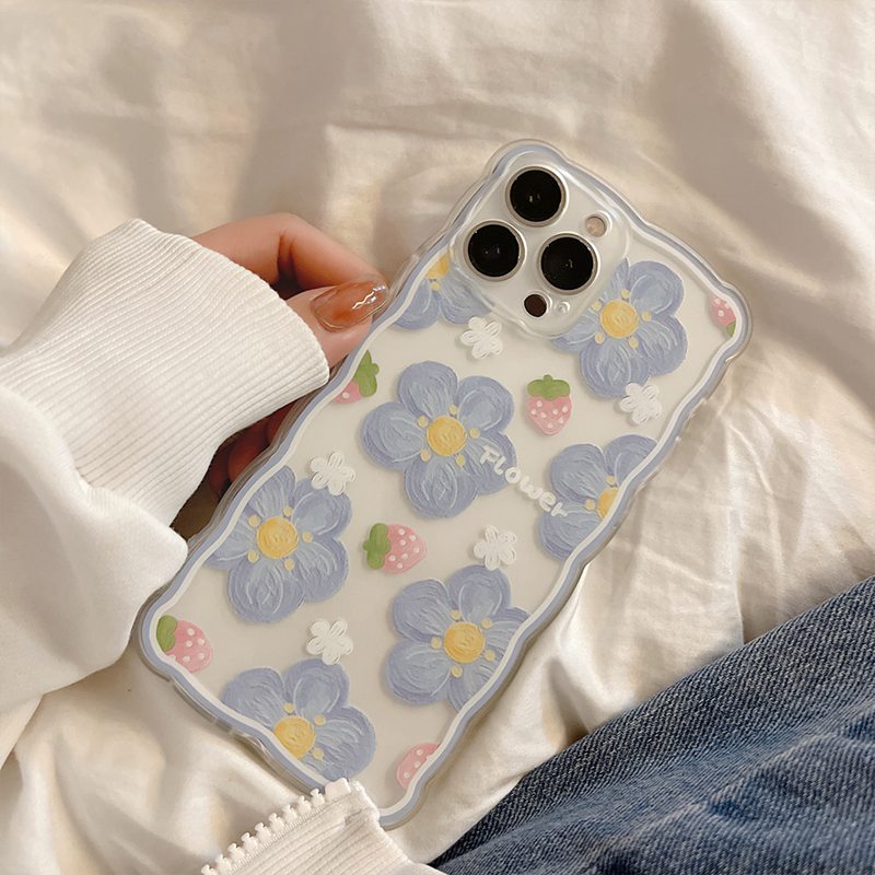 Kunst golvende blauwe bloem kussens aardbei schattige siliconen zachte rugkas voor iPhone 14 x xr 7 8 plus 13 promax 11 12 mini xsmax telefoon capa