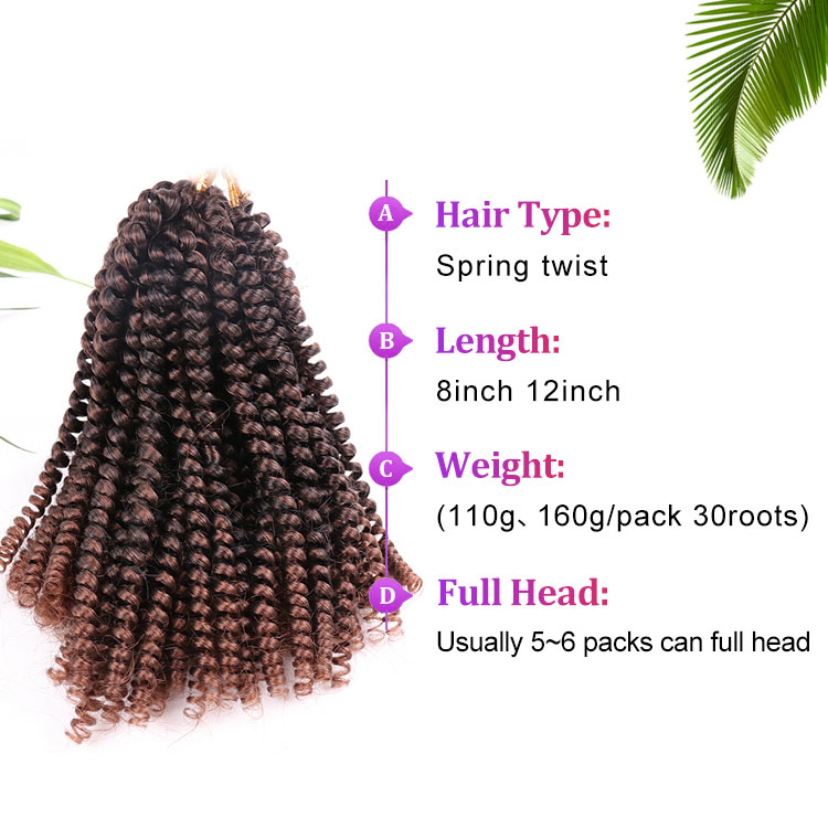 Ombre Spring Twist Synthetic Pre-Twist Crochet Hair Extensions Crochet Braids Bomb Passion Twists 8 12 Inch 30 Roots