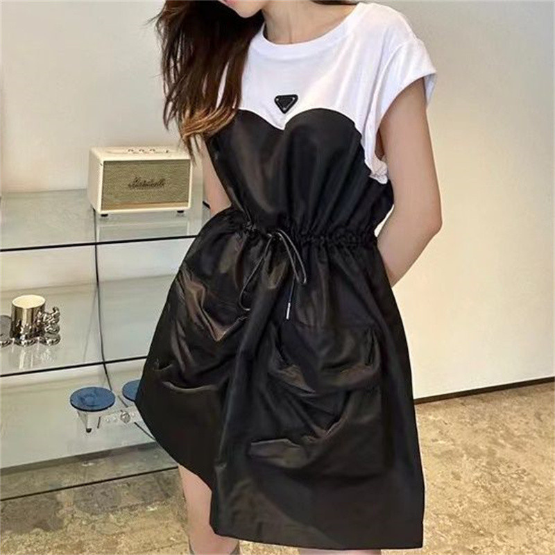 Casual Dresses Round Neck Chest Triangle Label Color Contrast Black And White Stitching Drawstring Waist Sleeveless Dress